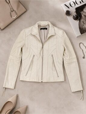 Andrew Marc New York Cream Leather Moto Jacket Size S